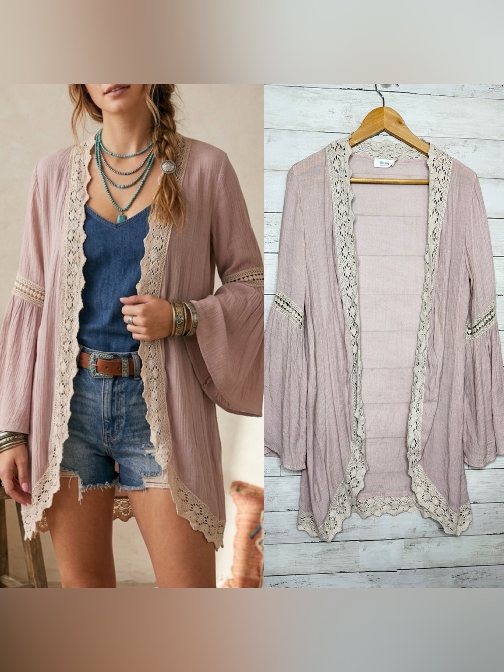 Bluivy Mauve Blush Pink Crochet Lace Inset Kimono Longline Top Open Front S